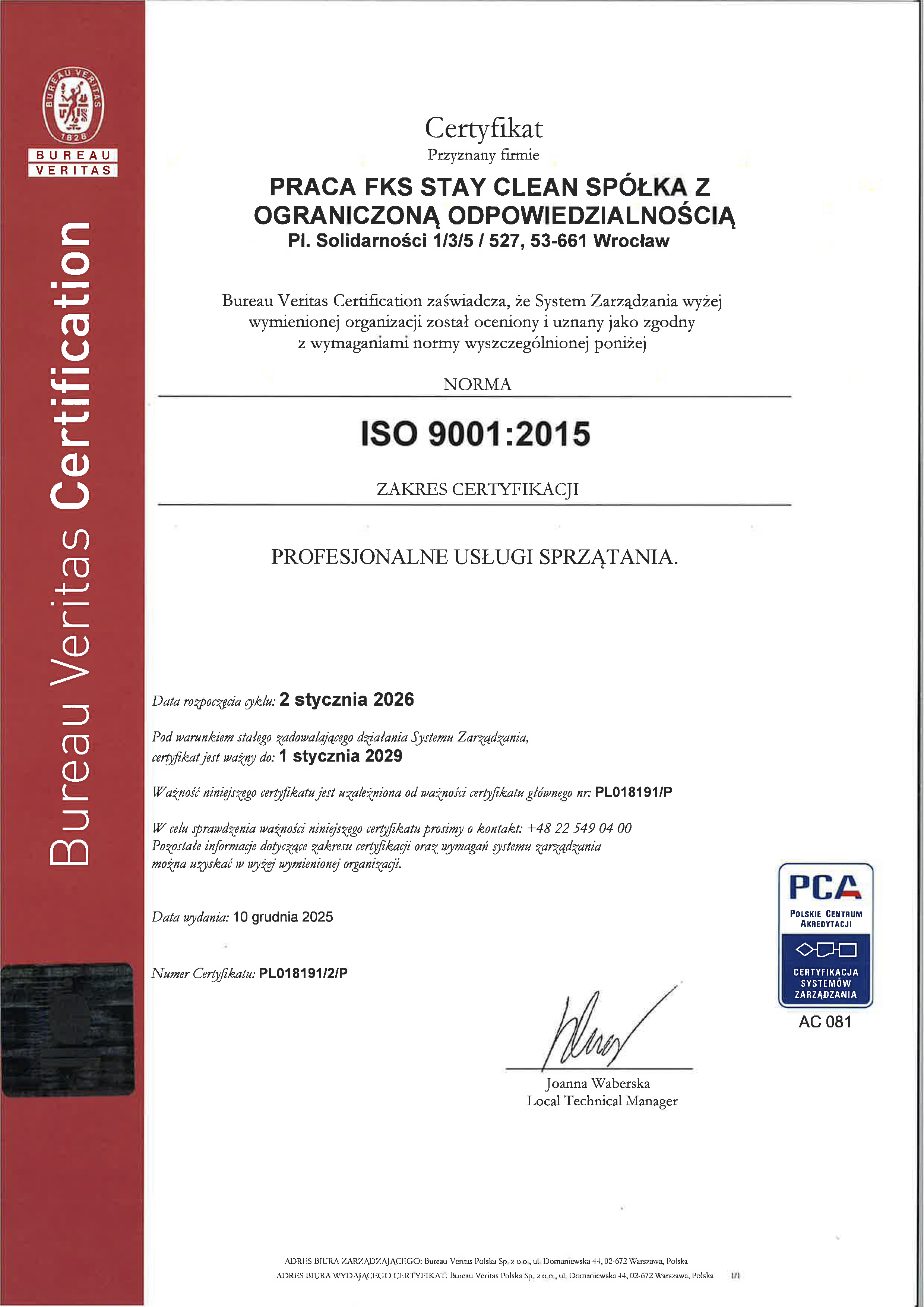 ISO certyfikat 2026 Stay Clean